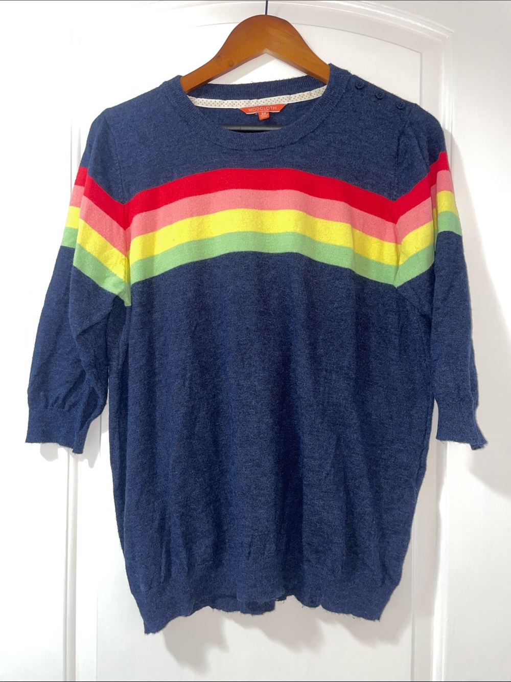 Modcloth Navy Sweater with Rainbow Stripes